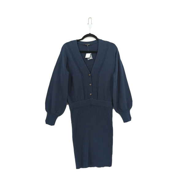 Toccin Women S Dress Midnight Navy Blue Sweater V Neck Button Ribbed Cotton Wool - Picture 2 of 7